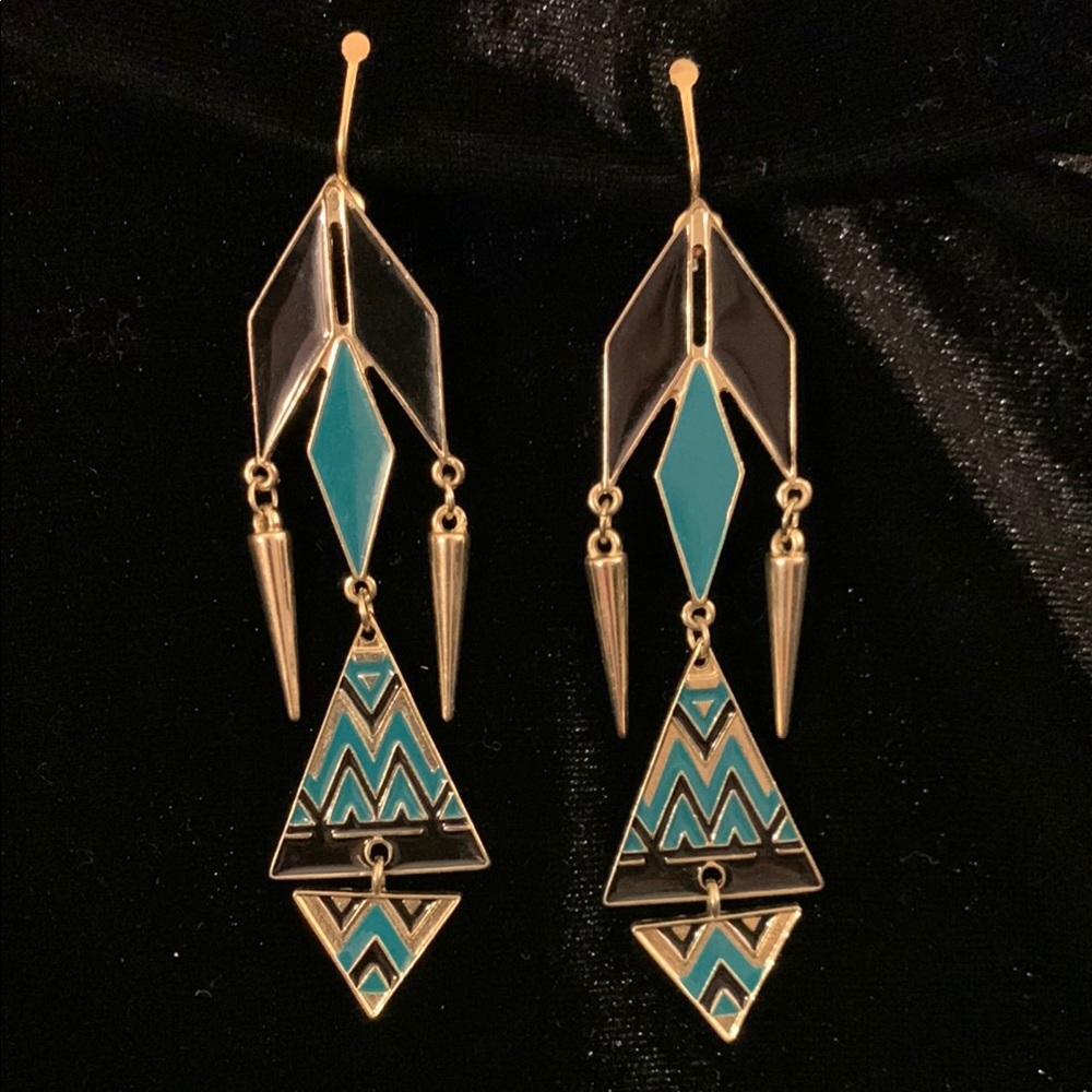 Art Deco Gold and Blue Dangle Clip-on Earrings